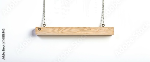 Photograph of a wooden swing hanging from two chains, centered in the frame, with a plain white background. The swing is rectangular with a smooth, light brown finish, and the chains are silver and me