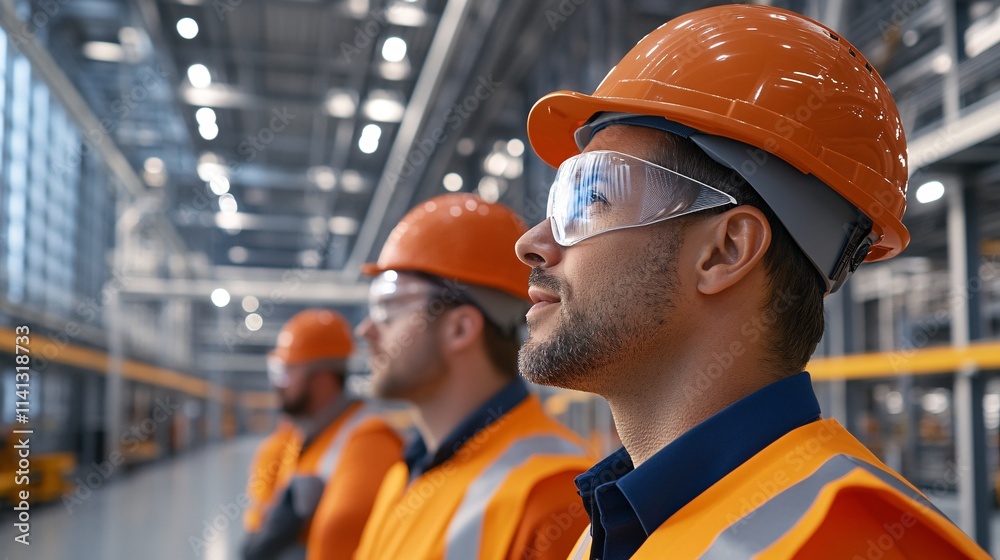 Three construction workers in safety gear, wearing orange helmets and reflective vests, observe their surroundings in a well-lit industrial setting. Three construction workers in safety gear, wearing orange helmets and reflective vests, observe their surroundings in a well-lit industrial setting.