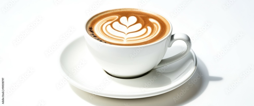 Photo of a white cup of coffee with a leaf design on the surface, placed on a white saucer, on a white table. Bright lighting, shadows, high quality, jpeg artifacts Photo of a white cup of coffee with a leaf design on the surface, placed on a white saucer, on a white table. Bright lighting, shadows, high quality, jpeg artifacts