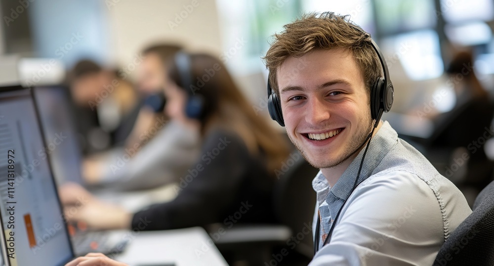 Young Professional Works Remotely, Wearing Headset, Smiling Confidently at the Camera in Modern Office Setting Young Professional Works Remotely, Wearing Headset, Smiling Confidently at the Camera in Modern Office Setting