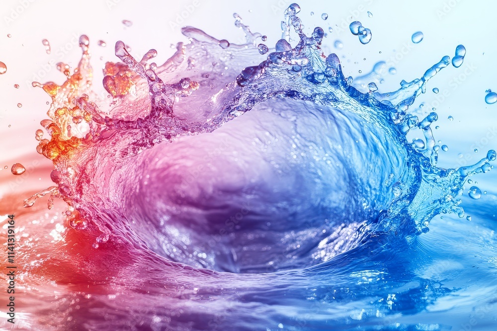 Water splash in the shape of a circle, isolated on white background. Blue water drops forming a ring with copy space, splashes from above and below. Water splash in the shape of a circle, isolated on white background. Blue water drops forming a ring with copy space, splashes from above and below.