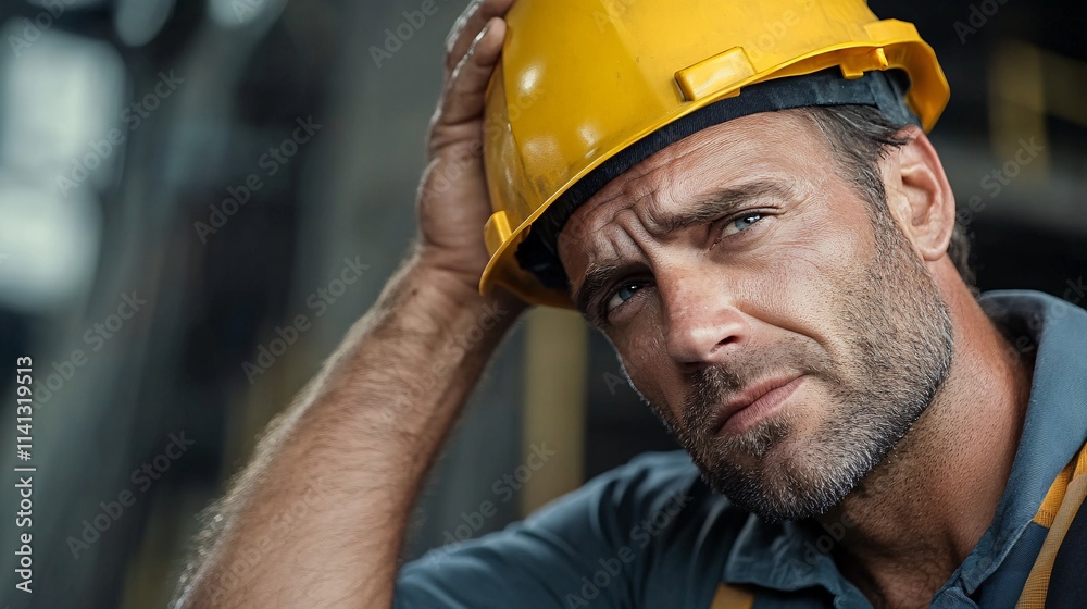 A focused construction worker in a yellow hard hat appears contemplative, showing signs of stress or concern in a workplace setting. A focused construction worker in a yellow hard hat appears contemplative, showing signs of stress or concern in a workplace setting.