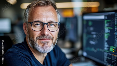 Confident serious looking mature businessman in glasses and with gray beard thoughtfully gazing at computer screen in a corporate office setting conveying business leadership expertise