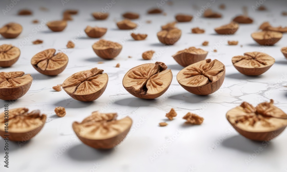 Cracked walnut halves scattered on white surface, close-up, food debris Cracked walnut halves scattered on white surface, close-up, food debris