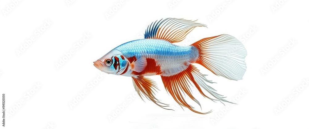 Fototapeta premium Photo of a vibrant blue and orange betta fish swimming in a clear water tank, bright lighting, high quality, watermark, jpeg artifacts