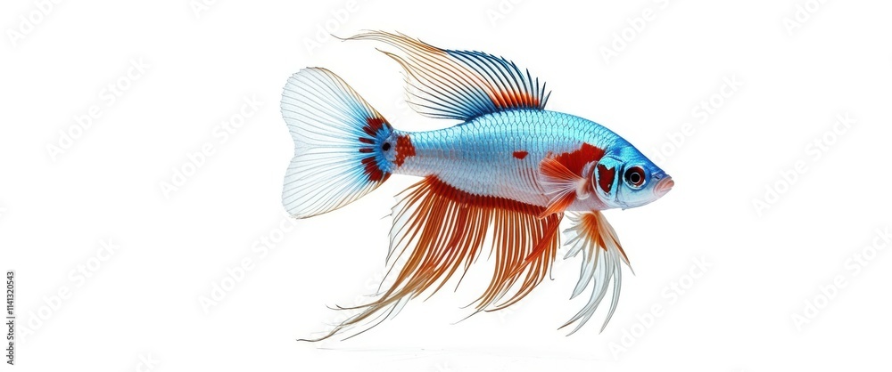 Fototapeta premium Photo of a vibrant blue and orange betta fish swimming in a clear water tank, bright lighting, high quality, watermark, jpeg artifacts