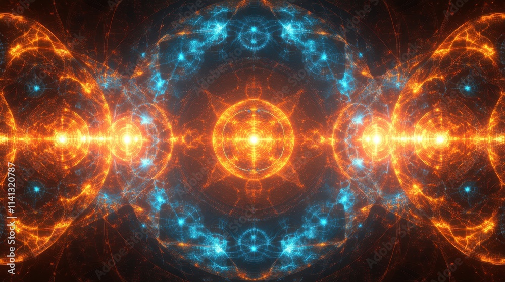 Obraz premium A mesmerizing abstract design featuring vibrant blue and orange glowing patterns, radiating energy and depth.