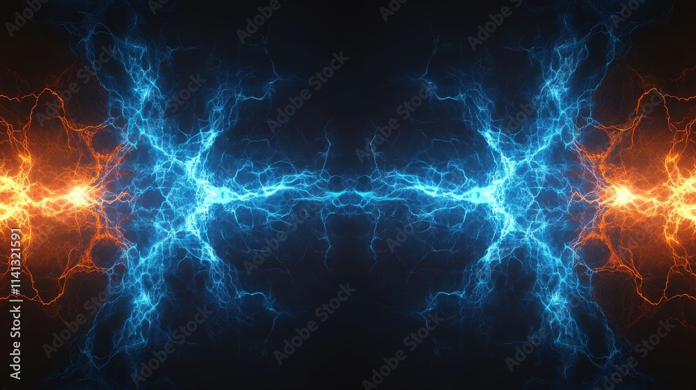 A stunning abstract design featuring electric blue and fiery orange lightning patterns on a dark background. A stunning abstract design featuring electric blue and fiery orange lightning patterns on a dark background.