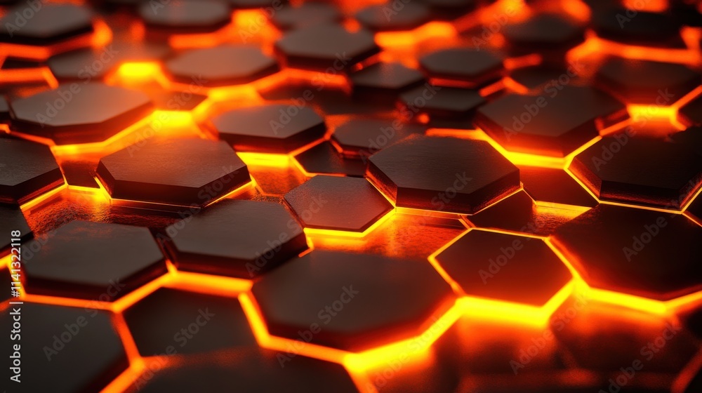 A close-up view of glowing hexagonal patterns with warm orange light, creating a dynamic and futuristic atmosphere. A close-up view of glowing hexagonal patterns with warm orange light, creating a dynamic and futuristic atmosphere.