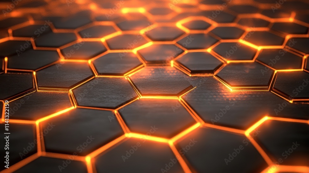 Intricate hexagonal patterns illuminated with a warm orange glow, creating a futuristic and dynamic texture. Intricate hexagonal patterns illuminated with a warm orange glow, creating a futuristic and dynamic texture.