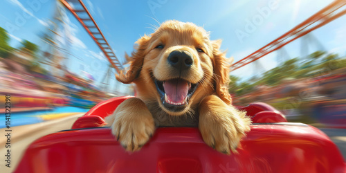 A golden retriever puppy riding in the front seat of a rollercoaster, generative AI
