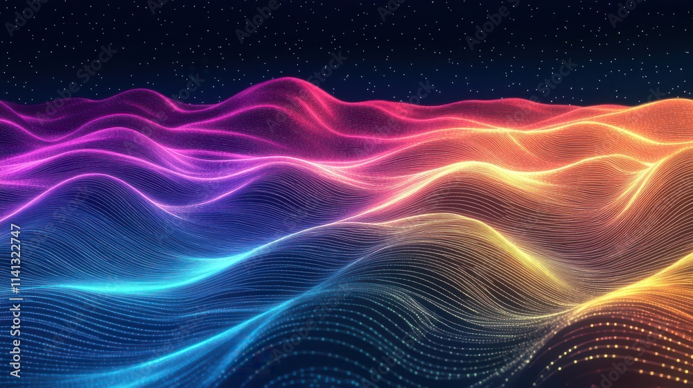 A stunning abstract wave pattern with vibrant colors, creating a mesmerizing digital landscape against a starry background. A stunning abstract wave pattern with vibrant colors, creating a mesmerizing digital landscape against a starry background.