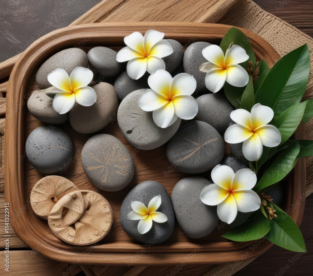 Fragrant frangipani-scented spa stones with intricate designs on a wooden tray , wellness, stone therapy, relaxation Fragrant frangipani-scented spa stones with intricate designs on a wooden tray , wellness, stone therapy, relaxation