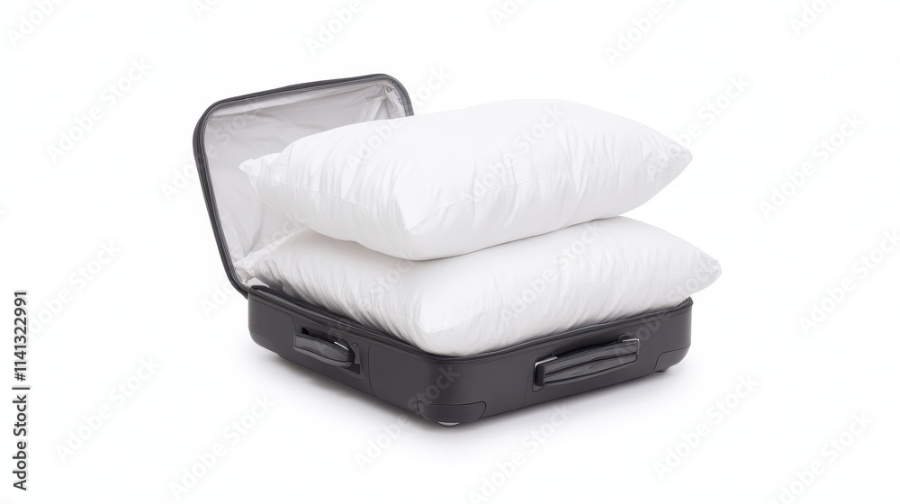 A black suitcase with two fluffy white pillows inside, suggesting comfort and travel readiness. A black suitcase with two fluffy white pillows inside, suggesting comfort and travel readiness.