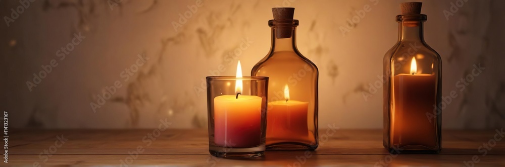 Wooden table surface reflects the warm glow of an unlit candle in a glass bottle, soft light, glass, evening decor Wooden table surface reflects the warm glow of an unlit candle in a glass bottle, soft light, glass, evening decor