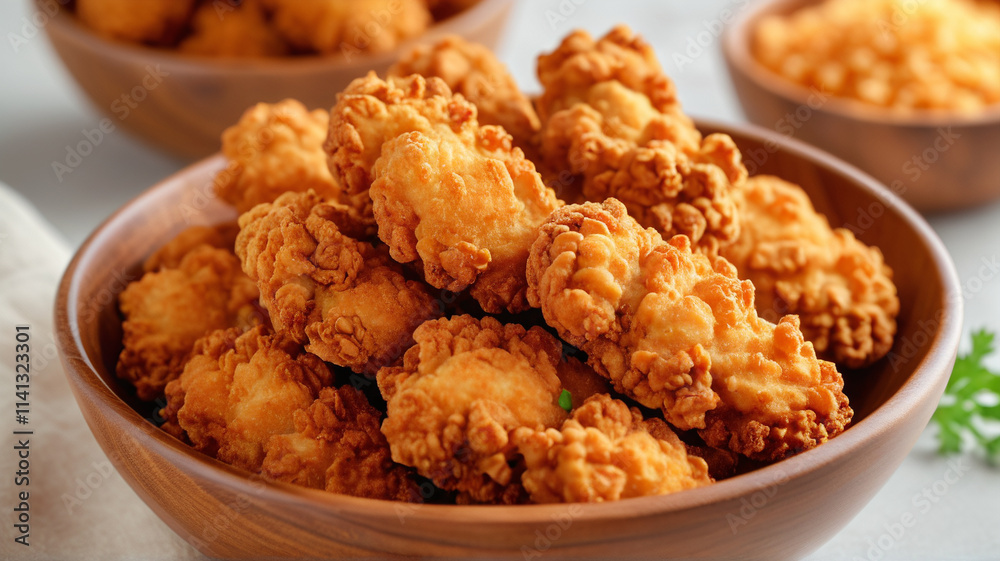 Crispy Fried Chicken Bites in Wooden Bowl Crispy Fried Chicken Bites in Wooden Bowl