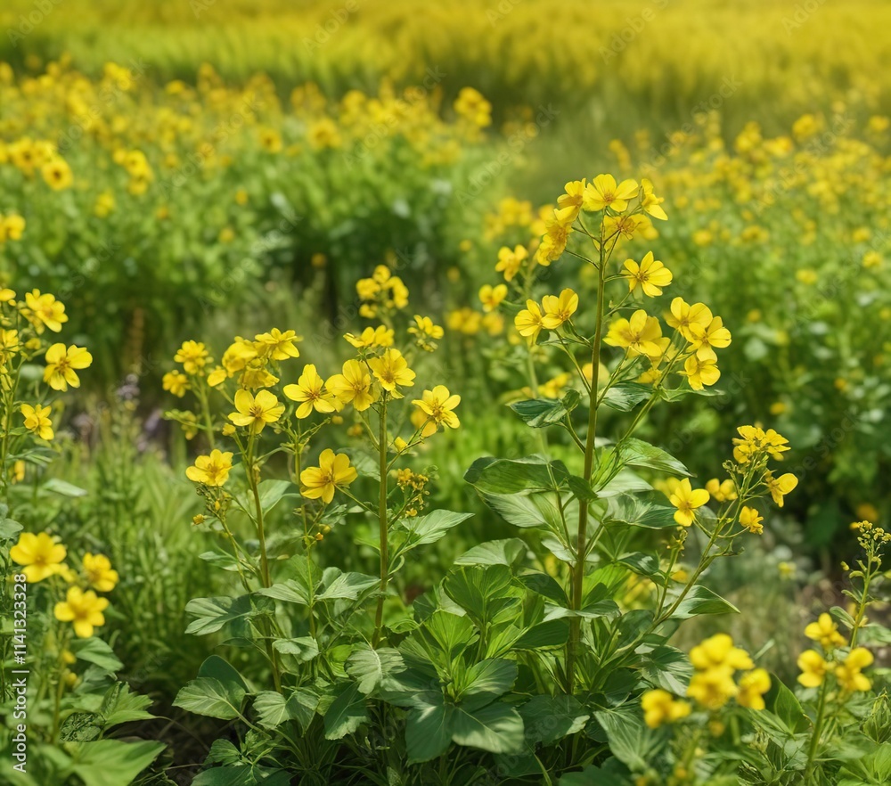 Yellow mustard flowers in a bright field with green leaves and stems on a sunny summer day , nature photography , green stems, flower fields Yellow mustard flowers in a bright field with green leaves and stems on a sunny summer day , nature photography , green stems, flower fields