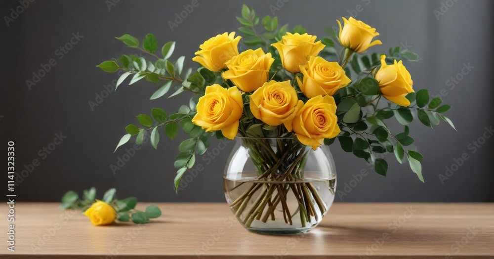 Yellow roses in a clear glass vase with eucalyptus, yellow roses, eucalyptus Yellow roses in a clear glass vase with eucalyptus, yellow roses, eucalyptus