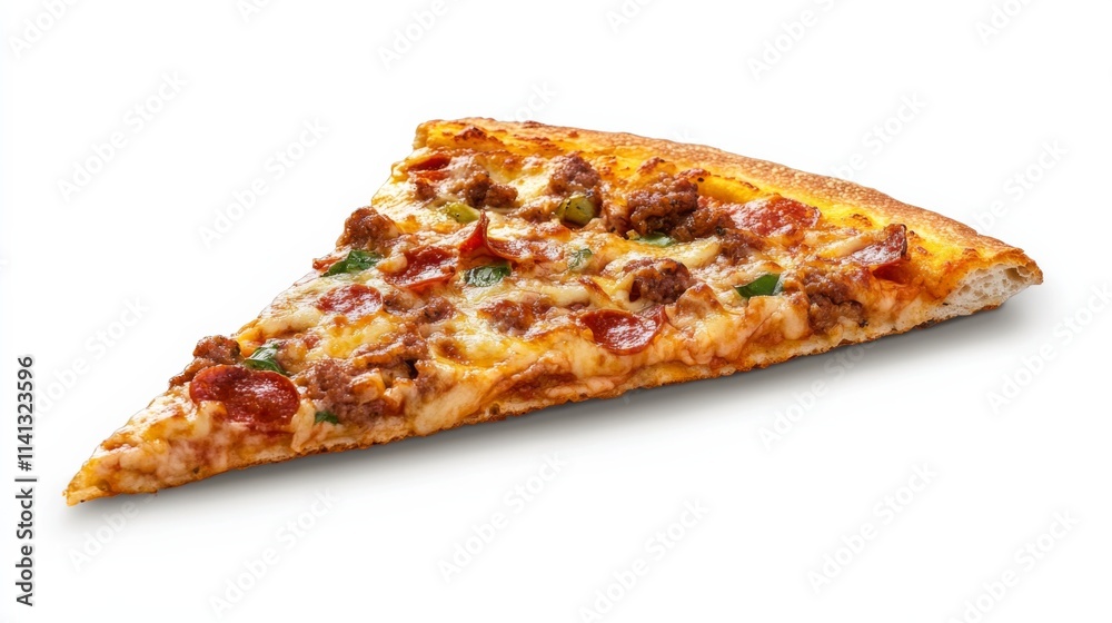 Supreme pizza slice lifted from the pie, showcasing a delicious assortment of toppings including vegetables, meats, and cheese, perfect for food lovers and pizza enthusiasts.
