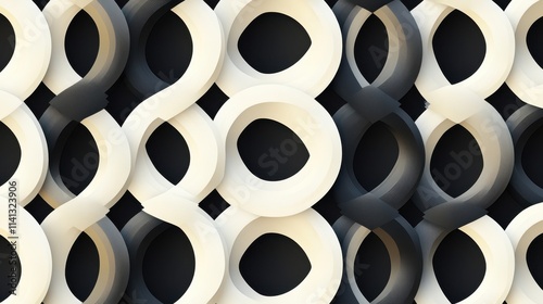 Abstract geometric pattern with interlocking loops in black and white tones, creating a modern visual texture. photo