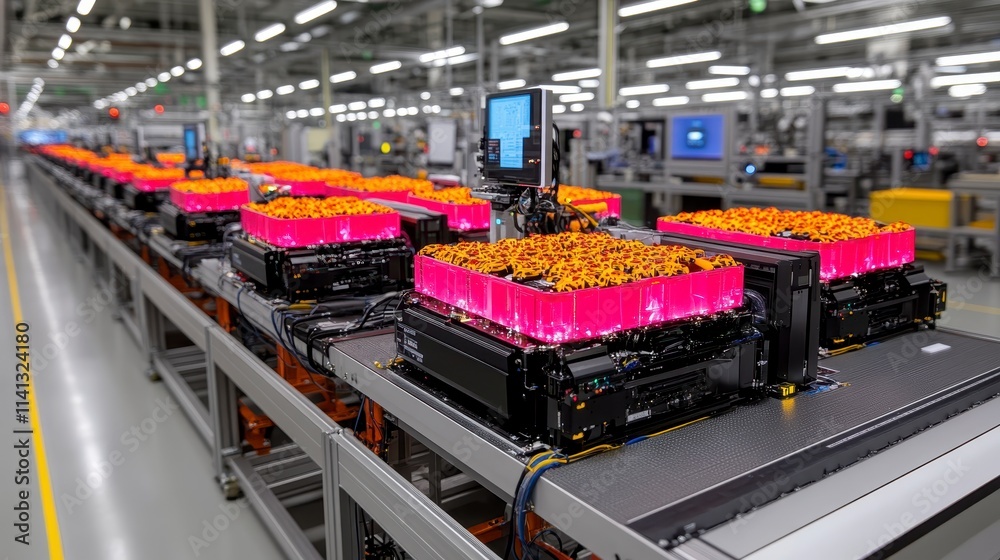 A vibrant factory scene showcasing rows of battery packs on a production line, highlighting advanced technology and automation in manufacturing. A vibrant factory scene showcasing rows of battery packs on a production line, highlighting advanced technology and automation in manufacturing.