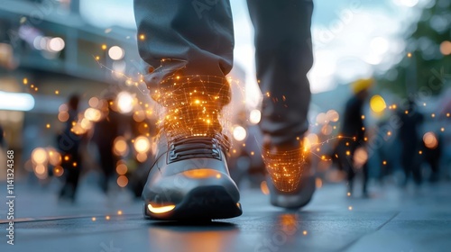 Close up view of person s legs and feet as they jog or run at fast pace on dimly lit city street or sidewalk at night with glowing sparkling athletic shoes or sneakers that create a dynamic photo