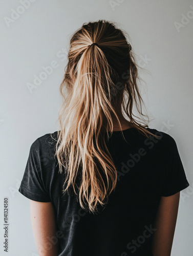 Slim-fit black t-shirt mockup back side view casual, minimalist style t-shirt versatile apparel design fashion branding product photography clothing mockup template marketing branding ponytail blonde photo