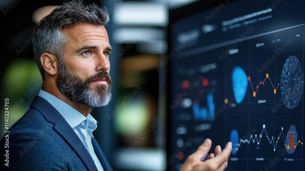 Focused businessman wearing suit and tie analyzing complex financial data analytics and trading graphs on computer dashboard in modern office environment Focused businessman wearing suit and tie analyzing complex financial data analytics and trading graphs on computer dashboard in modern office environment