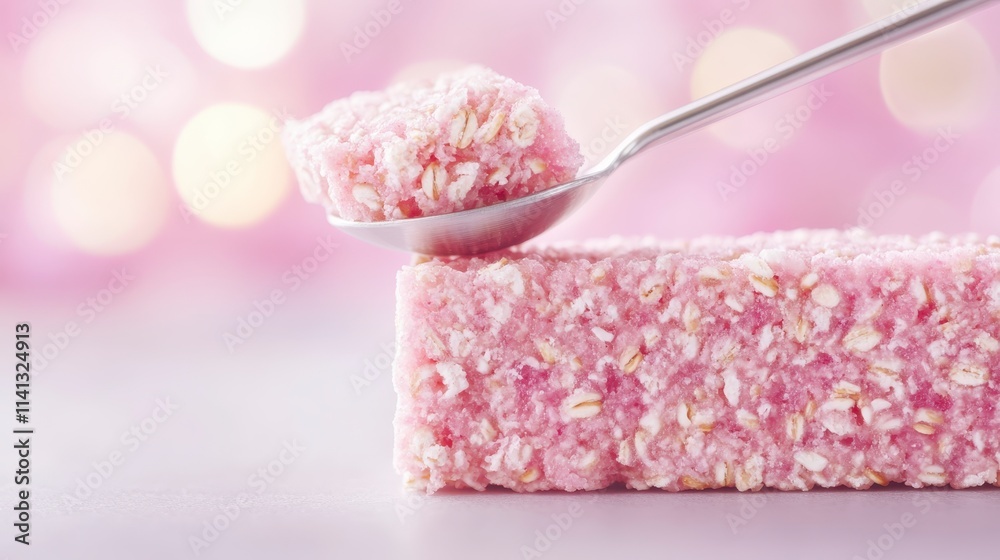 A soft pink dessert bar with a scoop being taken out, set against a blurred pink backdrop, exuding a sweet and inviting aesthetic. A soft pink dessert bar with a scoop being taken out, set against a blurred pink backdrop, exuding a sweet and inviting aesthetic.