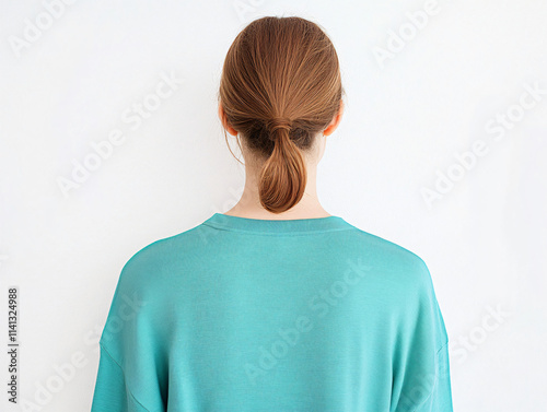 Slim-fit turquoise long sleeve tee mockup back views ponytail hairstyle vibrant apparel design product branding e-commerce visual professional clothing template ponytail brown hair workout activewear photo