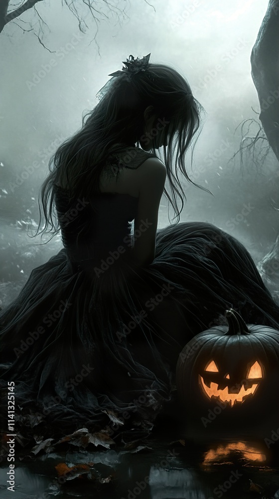 Gothic Halloween: A Melancholic Girl and Jack-o'-lantern Gothic Halloween: A Melancholic Girl and Jack-o'-lantern