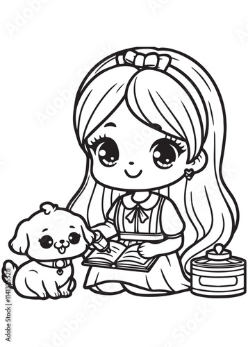 Coloring page design cute girl with cute cat 