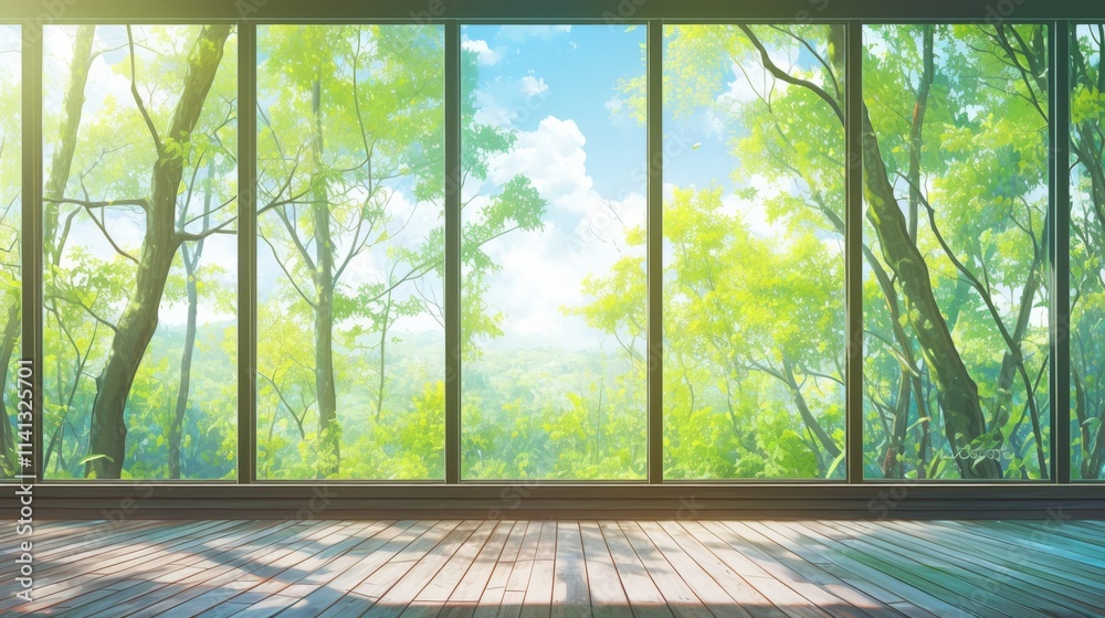 Empty hotel room with a terrace offering a breathtaking forest view through panoramic windows, bathed in sunlight, creating a serene and tranquil atmosphere. Empty hotel room with a terrace offering a breathtaking forest view through panoramic windows, bathed in sunlight, creating a serene and tranquil atmosphere.
