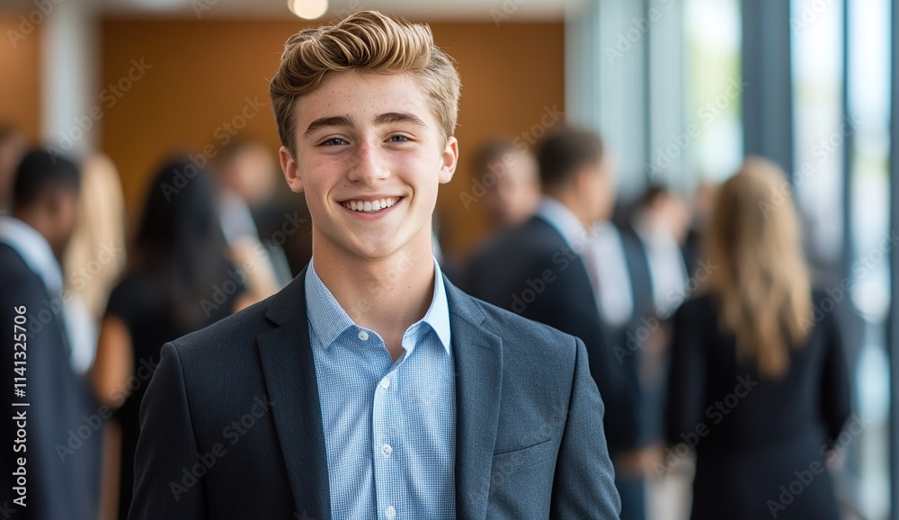 Fototapeta premium Young Professional Smiles Confidently in Business Attire, Exuding Success and Ambition in Corporate Setting.