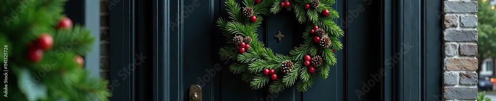 Black door decorated with a lush, full wreath of pinecones and holly, greenery, holly Black door decorated with a lush, full wreath of pinecones and holly, greenery, holly