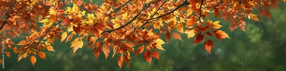 Branch with brightly colored autumn leaves against a green background , autumn leaves, fall colors, foliage Branch with brightly colored autumn leaves against a green background , autumn leaves, fall colors, foliage