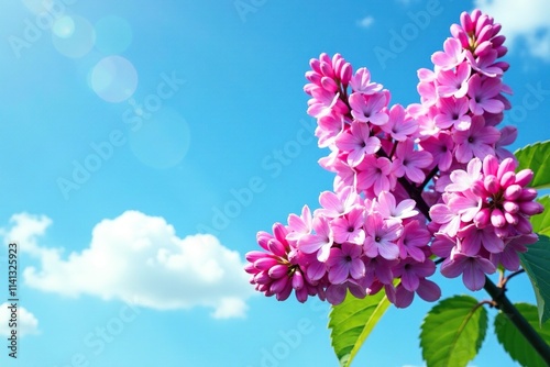 Blue sky with a lush bouquet of pink lilac flowers, flowers, canvas, painting photo