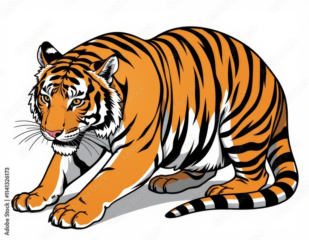 Naklejka premium Majestic orange and black striped tiger stands proud, its vibrant fur a striking contrast to a crisp white backdrop, accentuated by a dynamic black and white striped tail