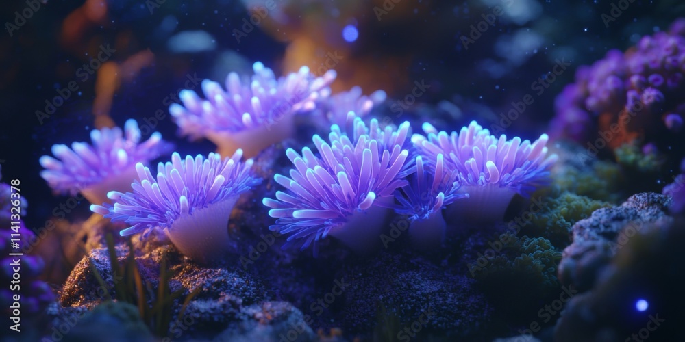 Naklejka premium Glowing Bioluminescent Coral Reef Scene