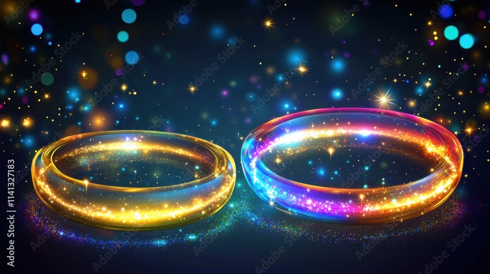 Two sparkling rings with colorful glows against a dreamy background filled with twinkling lights.