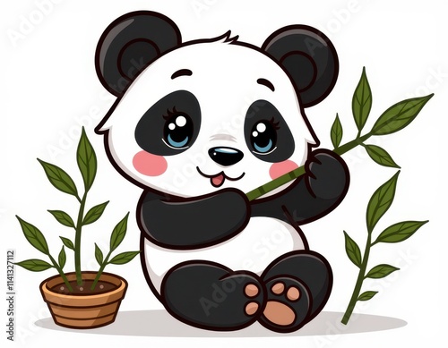 A charming cartoon panda sits on its hind legs, cradling a bamboo branch and surrounded by lush greenery, including a small potted plant with vibrant leaves photo