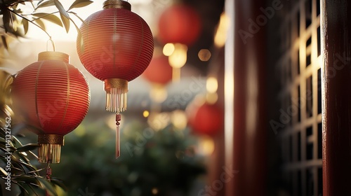 Chinese new year celebration with red lanterns in festive atmosphere cultural event outdoor setting vibrant colors joyous spirit photo