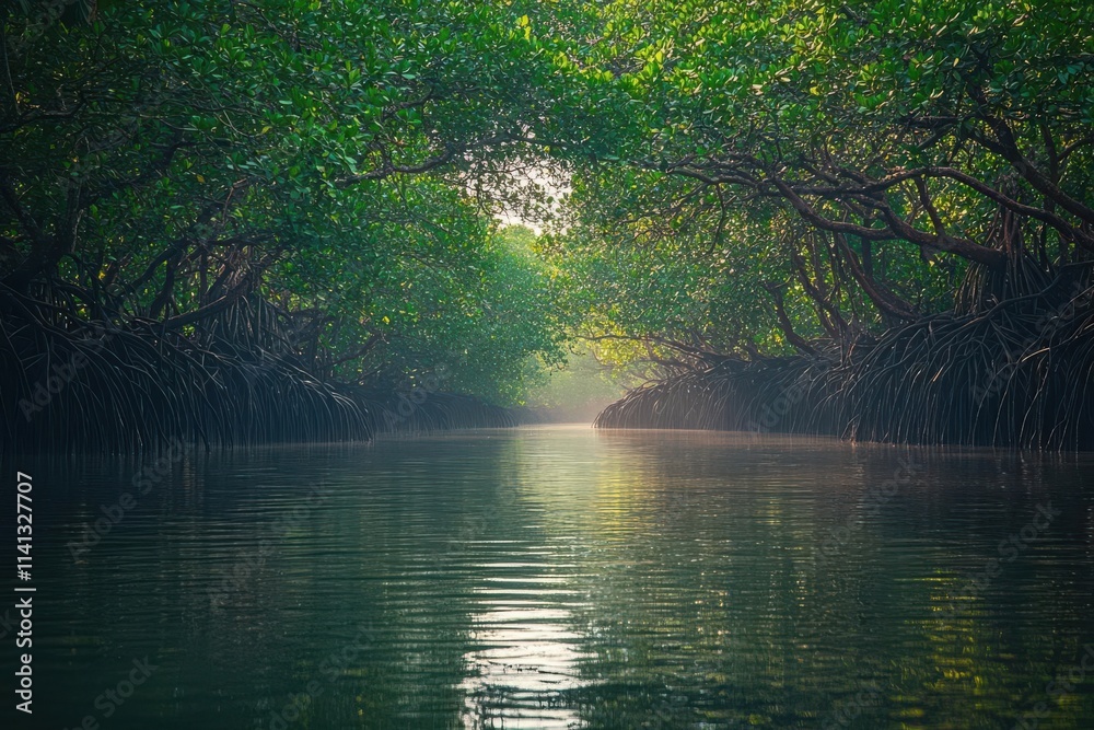 Fototapeta premium Serene mangrove landscape with tranquil waters and lush greenery.