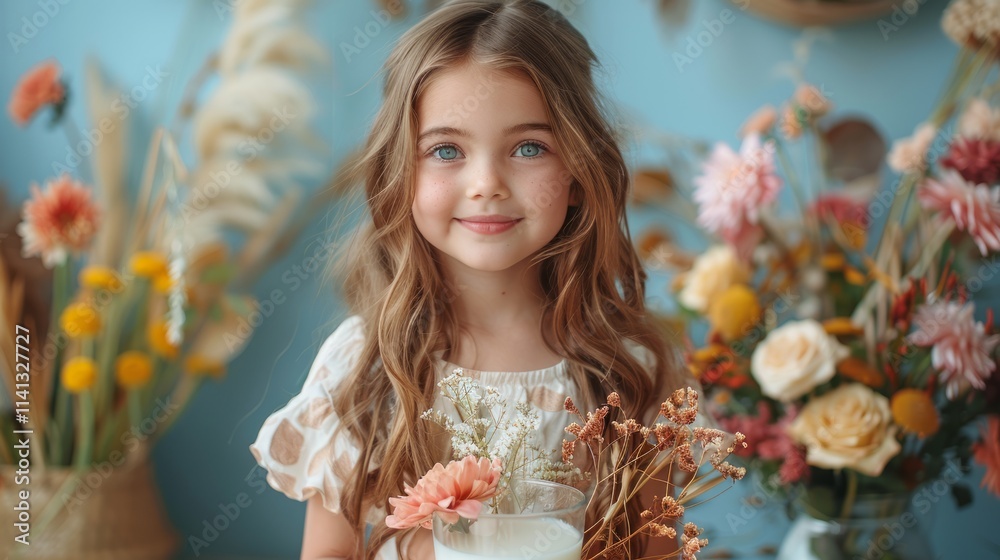 Adorable girl with long hair holding milk and flowers. Adorable girl with long hair holding milk and flowers.