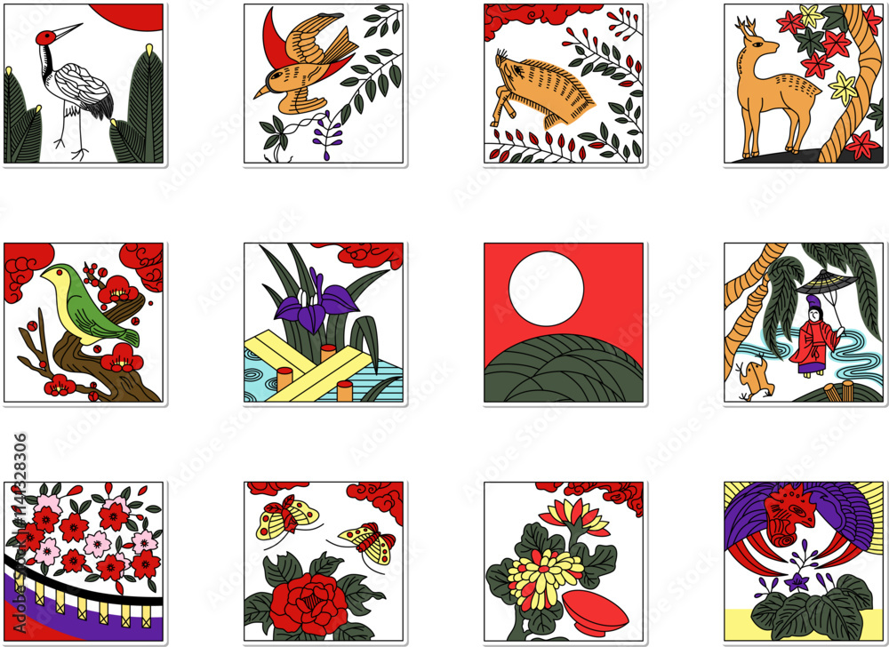 Fototapeta premium 12種類のステッカー正方形花札アイコンセット