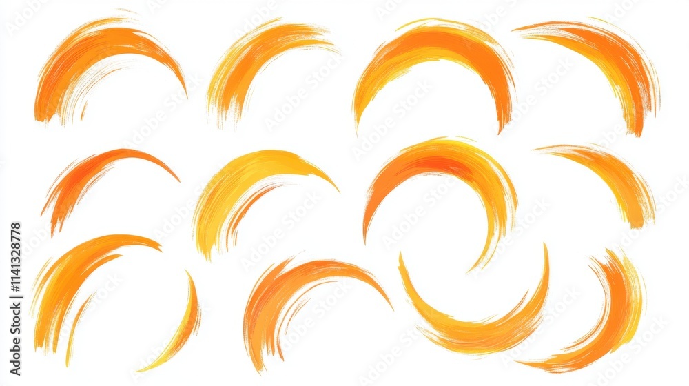 Collection of vibrant orange brush strokes in various curved shapes and sizes, perfect for artistic projects.