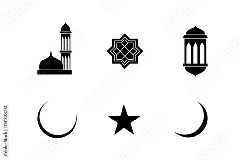 Ramadan and Ead vector clip art set. silhouette icon, clip art set of moon, mosque and star,