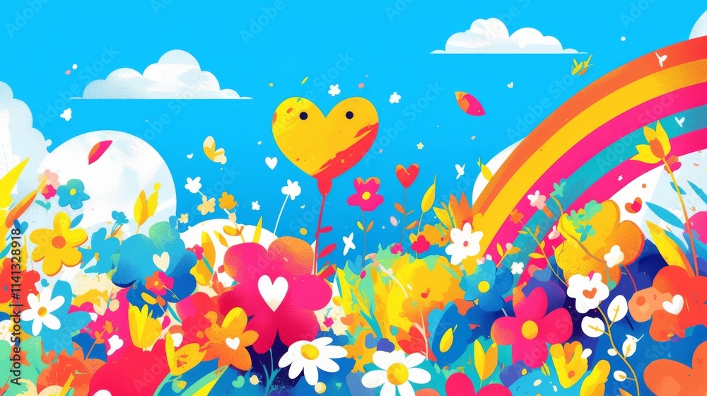 Cute kid's scribbled line flower, heart, and cloud illustrations on a rainbow background, hand-drawn doodle sketches in a playful, childish style, perfect for children's designs. Cute kid's scribbled line flower, heart, and cloud illustrations on a rainbow background, hand-drawn doodle sketches in a playful, childish style, perfect for children's designs.