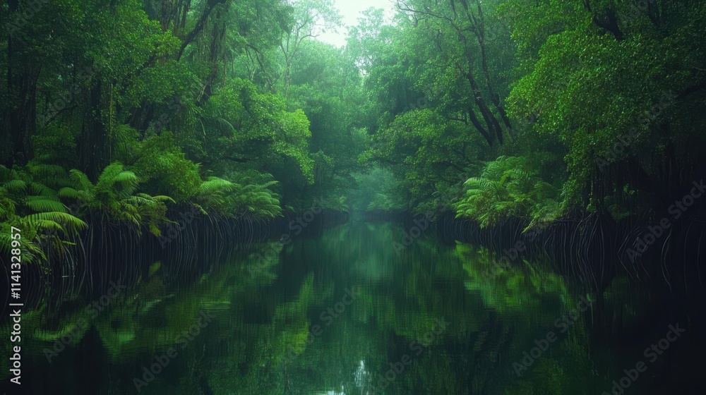 A serene, lush green river surrounded by dense foliage and reflections in the water. A serene, lush green river surrounded by dense foliage and reflections in the water.