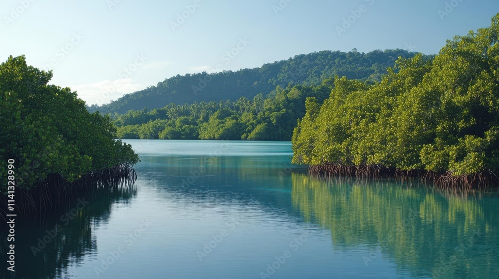 Serene river scene surrounded by lush mangroves and hills under clear blue skies. Serene river scene surrounded by lush mangroves and hills under clear blue skies.